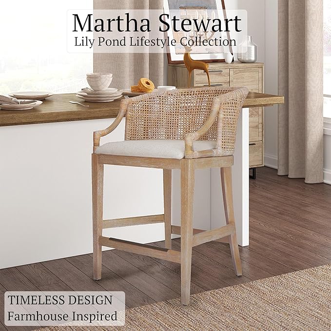 Martha Stewart Farmhouse Counter Height Bar Stools, Handcrafted Rattan Counter