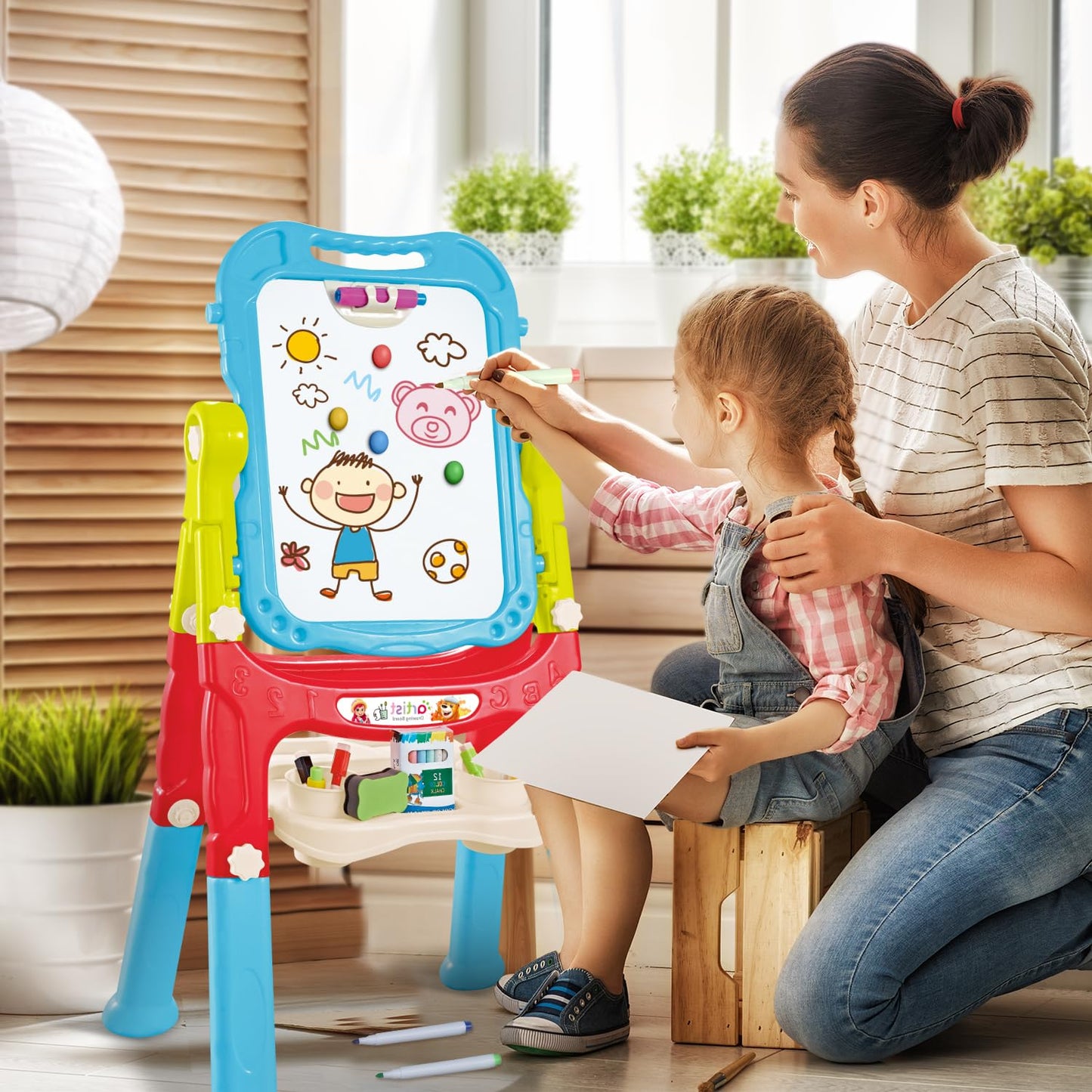 Toddler Art Easel for Kids, Double-Sided Magnetic Whiteboard & Chalkboard with Painting Accessories, Rotatable Easel Toy Gift for Boys and Girls