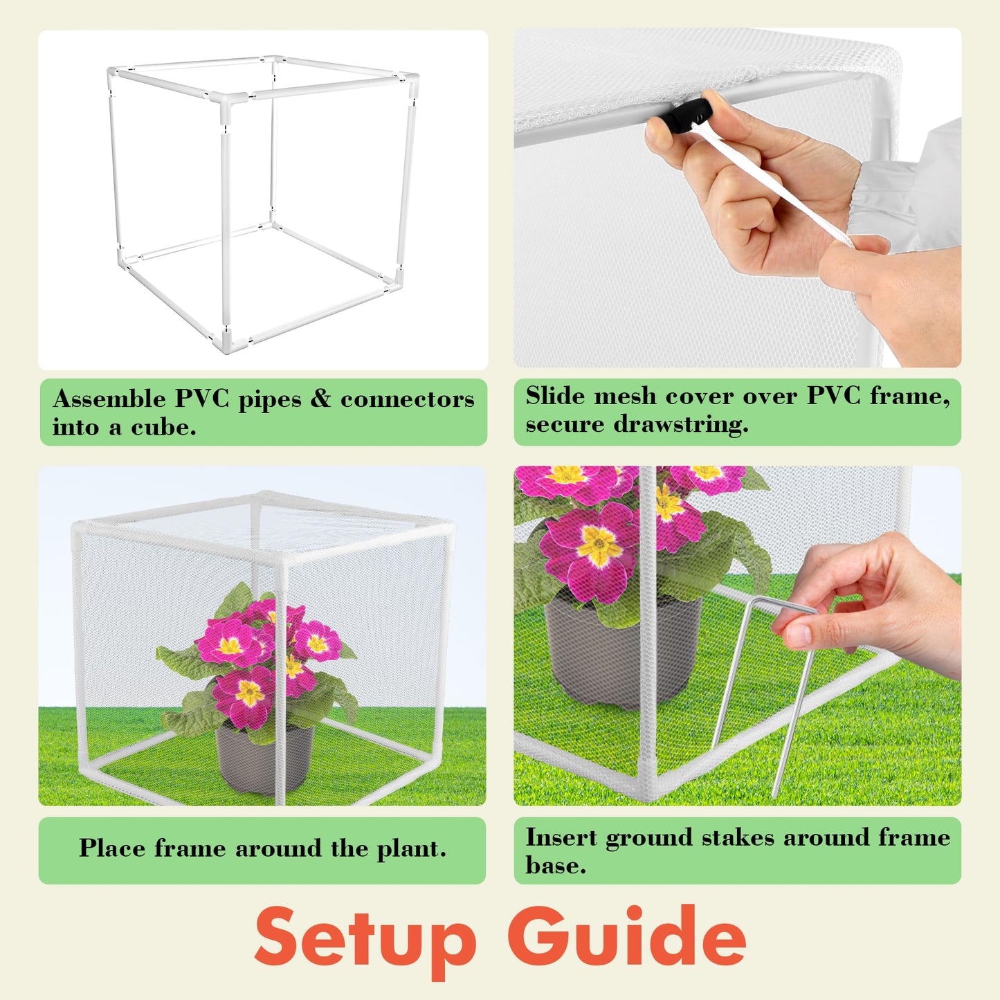 Verdanzia 3 Pack Plant Protectors from Animals, 13.8" X 13.8" Detachable Plant Cages for Outdoor Plants with Netting, Square Plant Cages to Keep Animals Out with Ground Stakes (White)