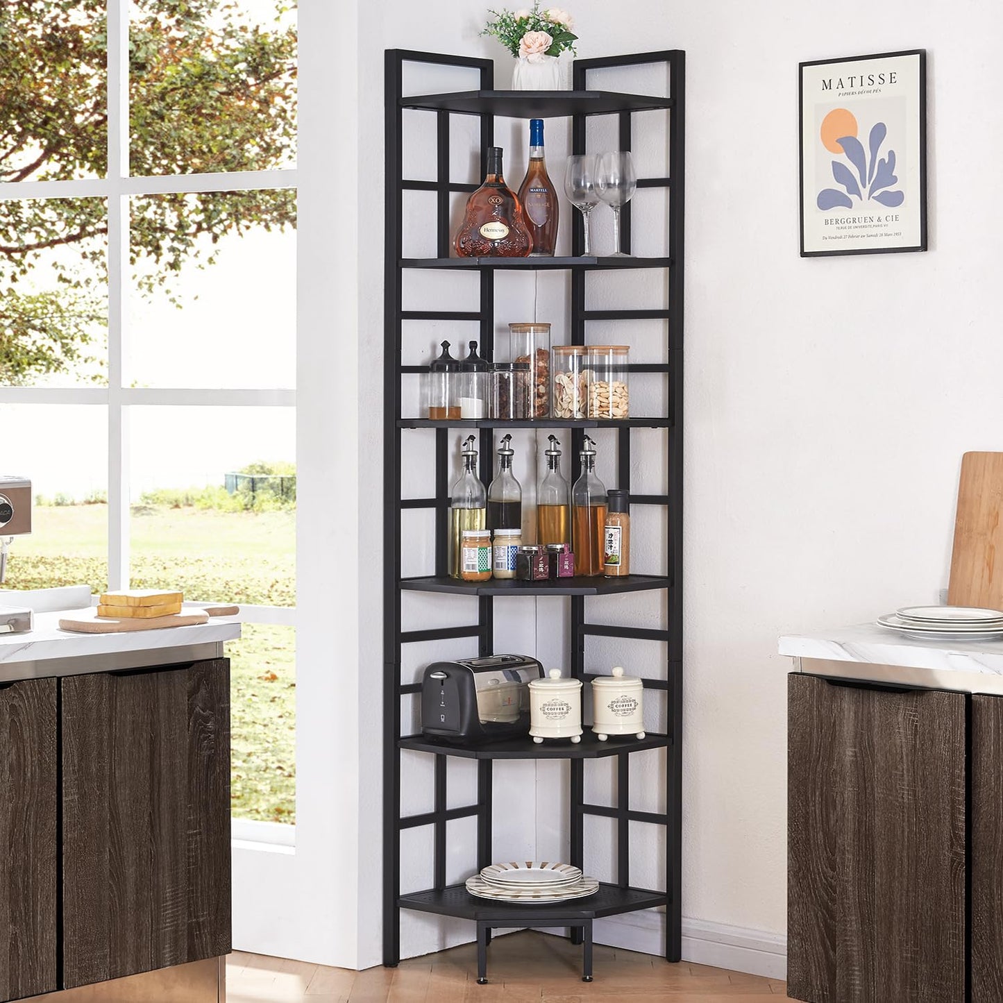 HOMISSUE Corner Shelf, 6 Tier Tall Narrow Bookshelf 76.9", Industrial Corner Bookcase with Storage for Home Office Living Room and Bedroom, Black