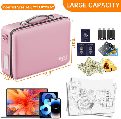 DocSafe Fireproof Document Box with Lock, Hard Case File Organizer with Accordion File Folder, Fireproof Water Resistant Safe Box Home Office Travel Storage for Important Documents Laptop Pink