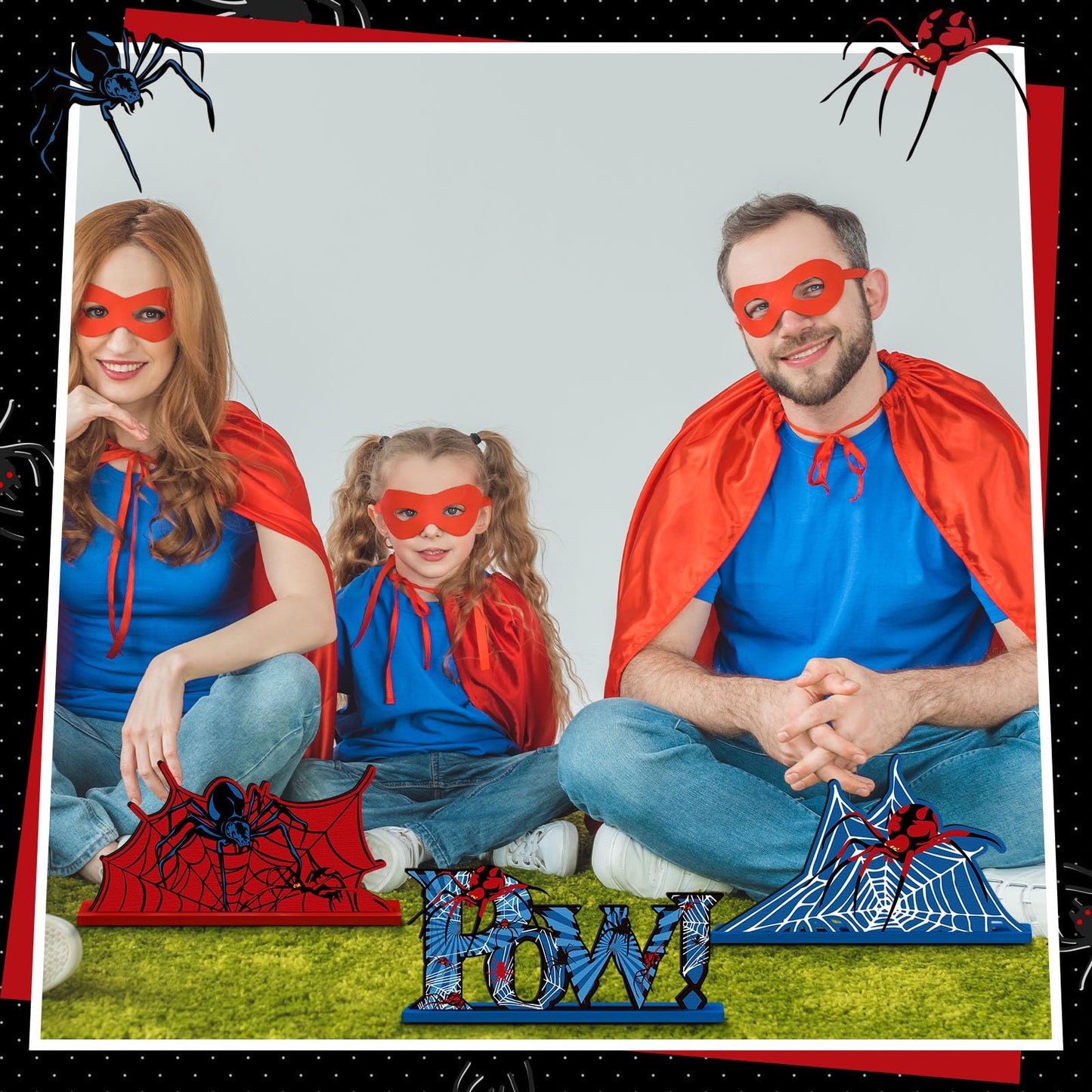 Yuntau 6 Pcs Spider Bithday Party Decoraions Spider Wooden Table Decorations Red and Blue Pattem Design Happy Birthday Table Centerpiece Sign for Boy Cartoon Party Supplies