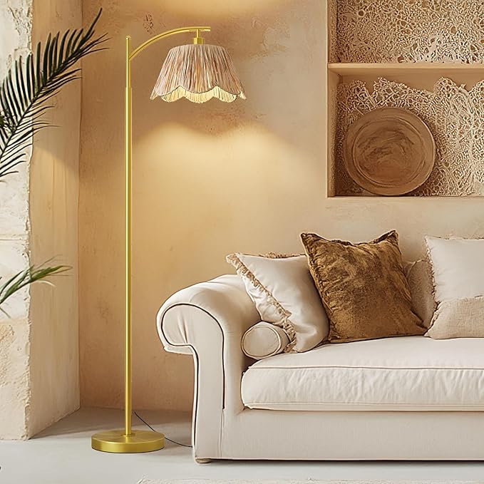 Oneach Arc Floor Lamp for Living Room, Rattan Boho Floor Lamp