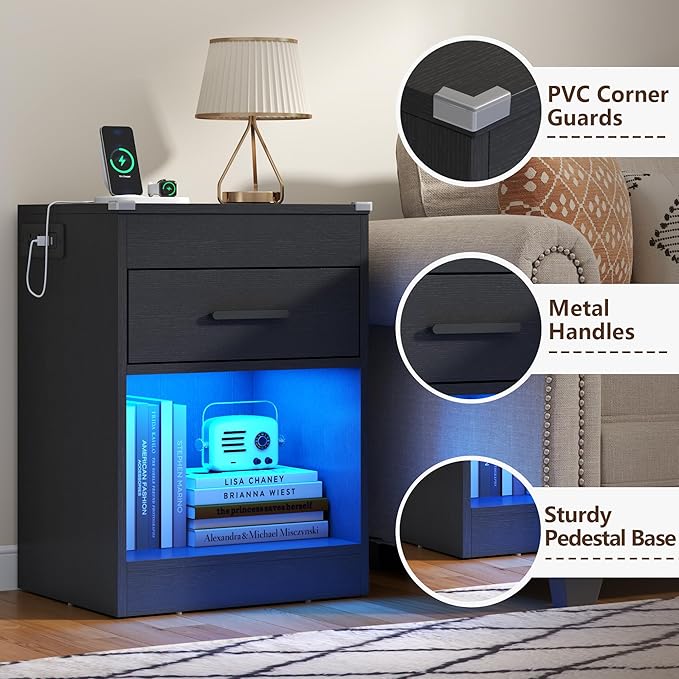 Gyfimoie Led Night Stand with Charging Station & RFID Lock Cabinet, Smart