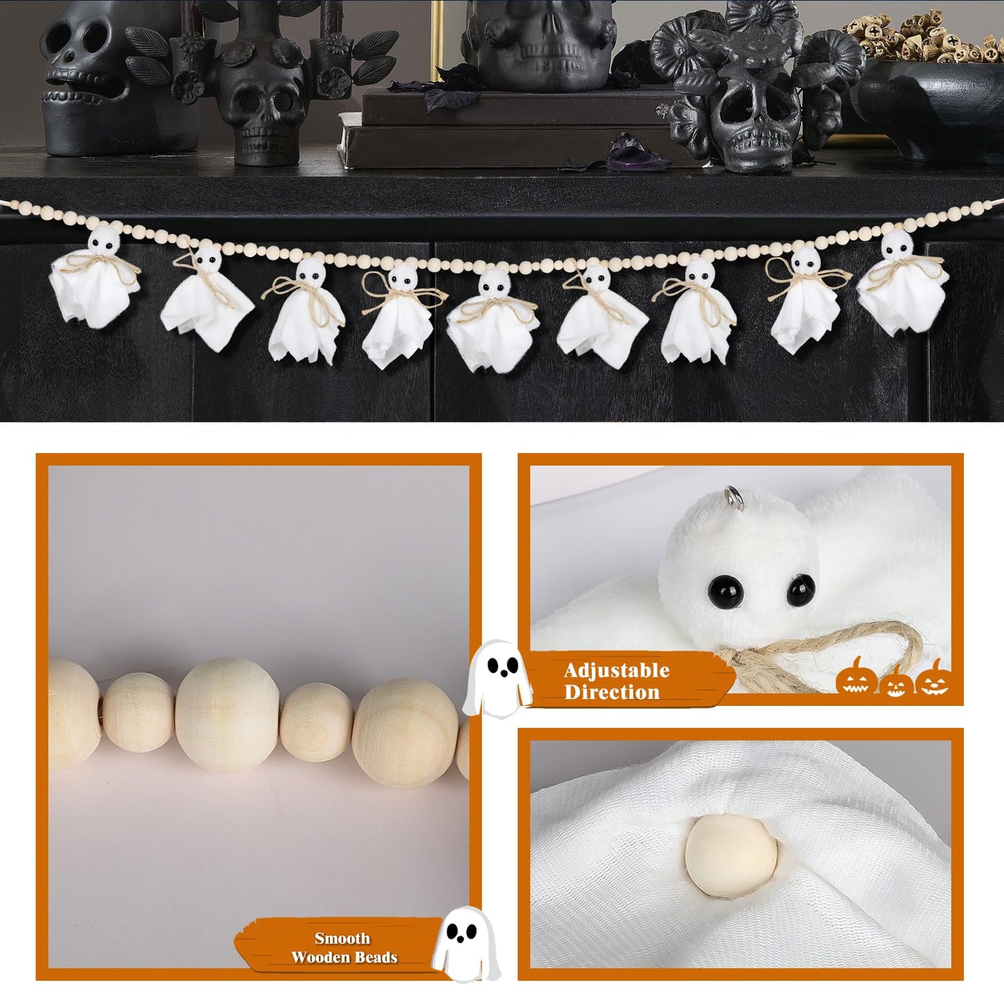 KIMPOK 8Ft Halloween Banner Garland with Cute White Ghosts & Wooden Beads, Handmade Rustic Halloween Decor for Wall, Indoor & Outdoor, Doorways & Mantel Decoration