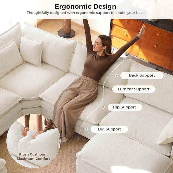 ELUCHANG 114" Oversized V-Shaped Cloud Couch Modular Sectional Sofa