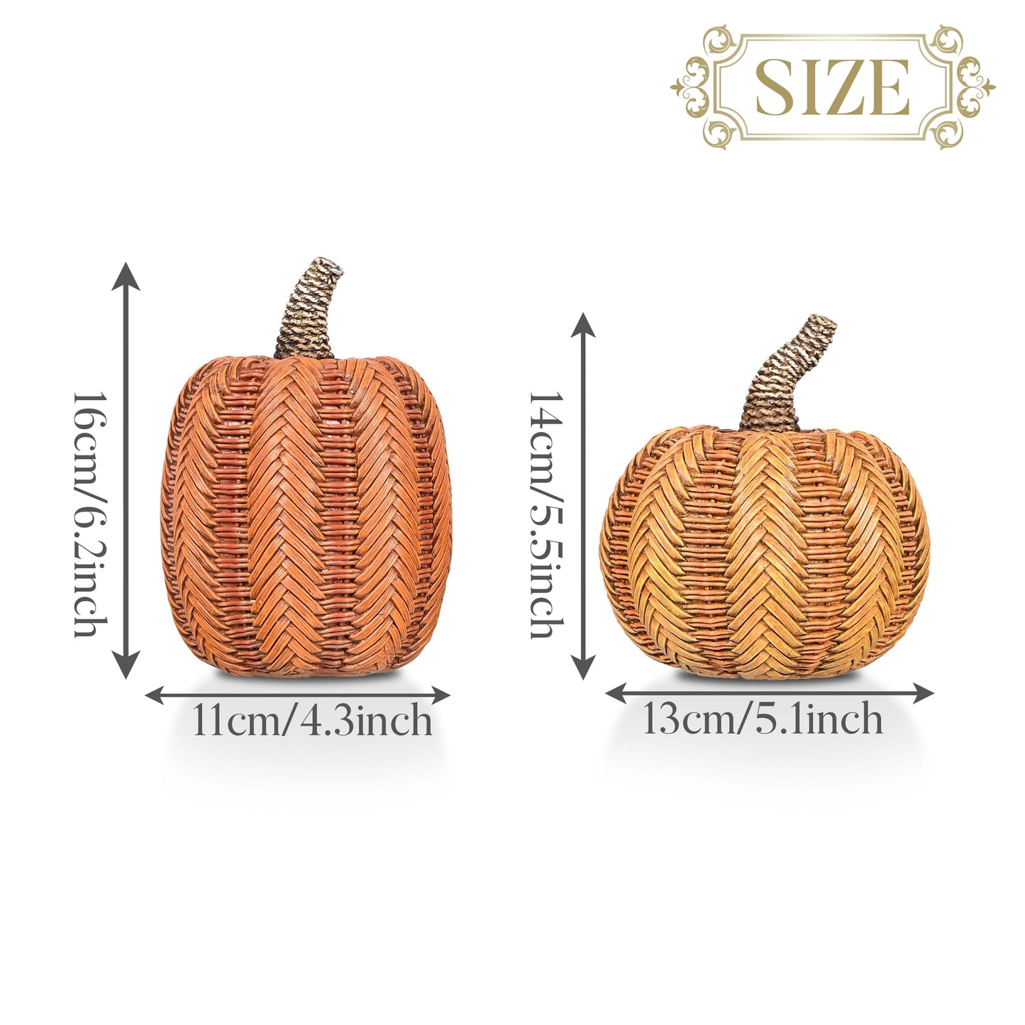 Valery Madelyn Thanksgiving Fall Decoration for Home Pumpkin Decor, 2pcs Resin Statue Artificial Rattan Pumpkins Figurine, Autumn Harvest Halloween Table Centerpieces, 6.2 inch