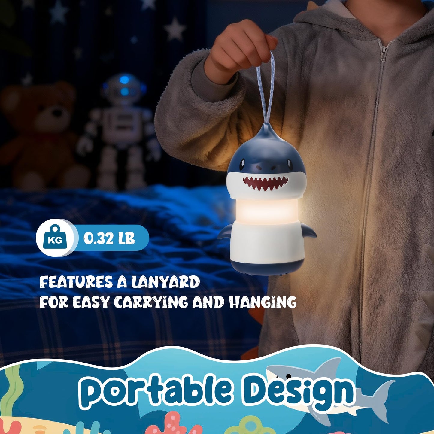 WORKPRO 2-Pack Kids Camping Lanterns with RGB Lights, Battery Powered with Lanyard, Fun Night Light Gifts for Kids - Shark Design