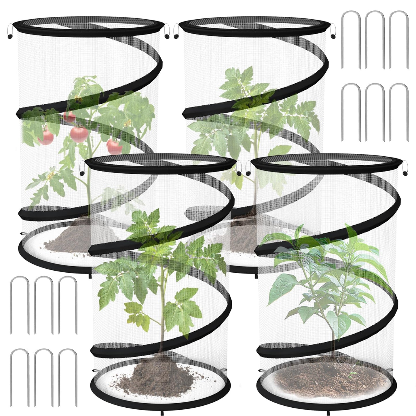 Erinaik 4 Pack Pop up Plant Guard Covers Tent from Animals White, 19.6" x 11.8" Foldable Plant Protectors Mesh Net, Garden Plant Enclosure Protection Cage with Stakes & Carry Bag for Outdoor Plants