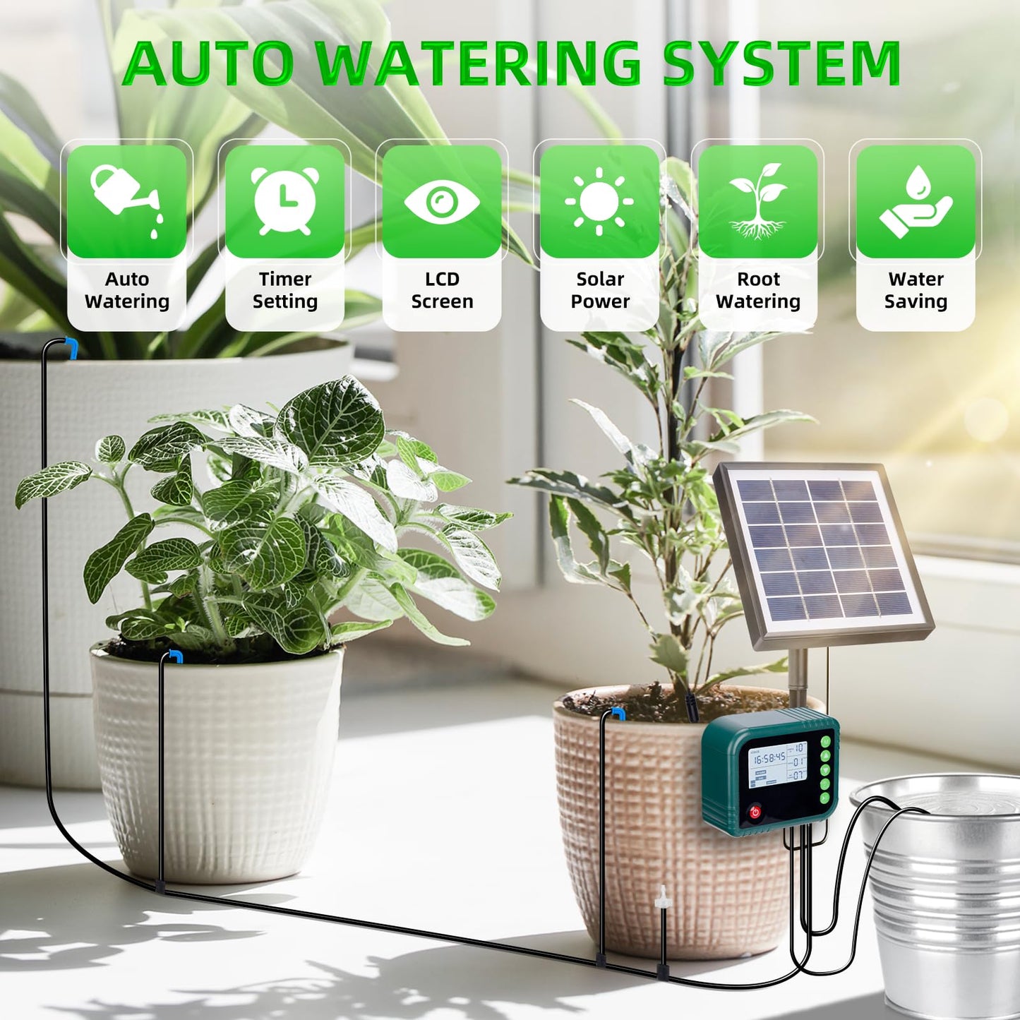 Solar Automatic Drip Irrigation Kit System,Automatic Plant Watering Devices Programmable Water Timer,LED Display for 15 Potted Plants Outdoor Indoor Garden Balcony Vacation