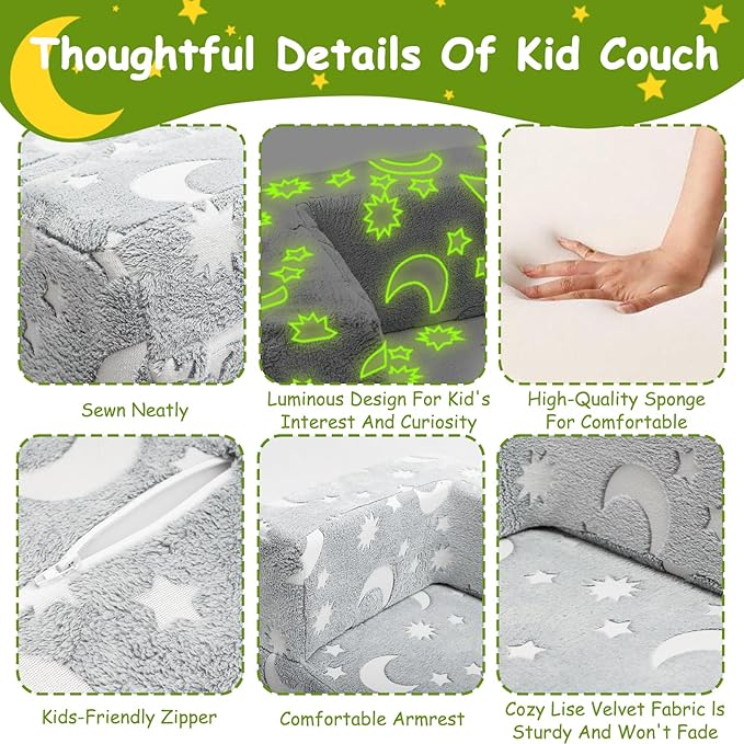 Kids Couch, Dark Grey | Glow-in-The-Dark, Chair Seat, Playroom Furniture