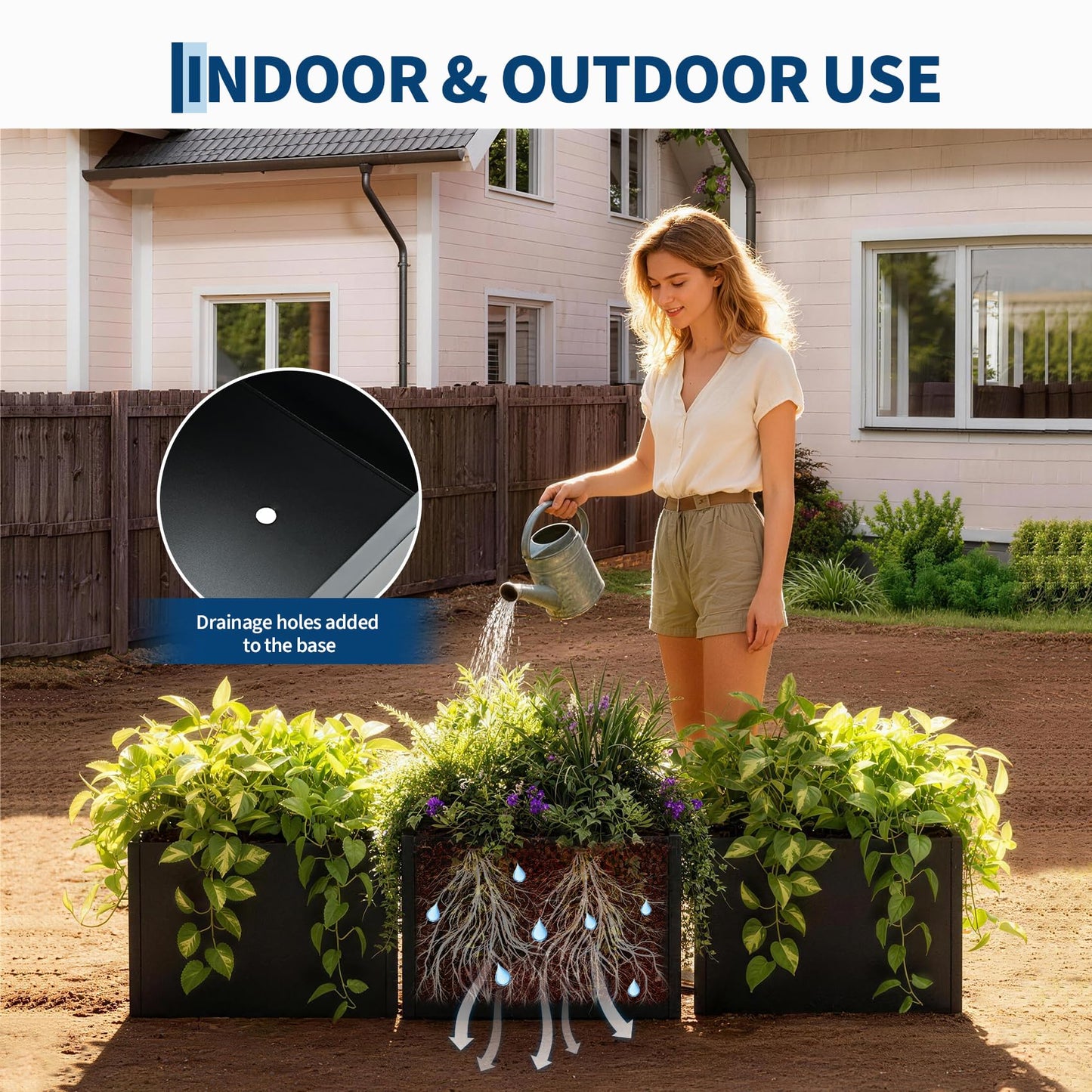 Garvee Square Metal Planter Box with Drainage Holes, 18"X18"X12" Heavy Duty Black Steel Outdoor Planter & Raised Garden Bed, Snap-on Assembly for Patio, Balcony, Garden
