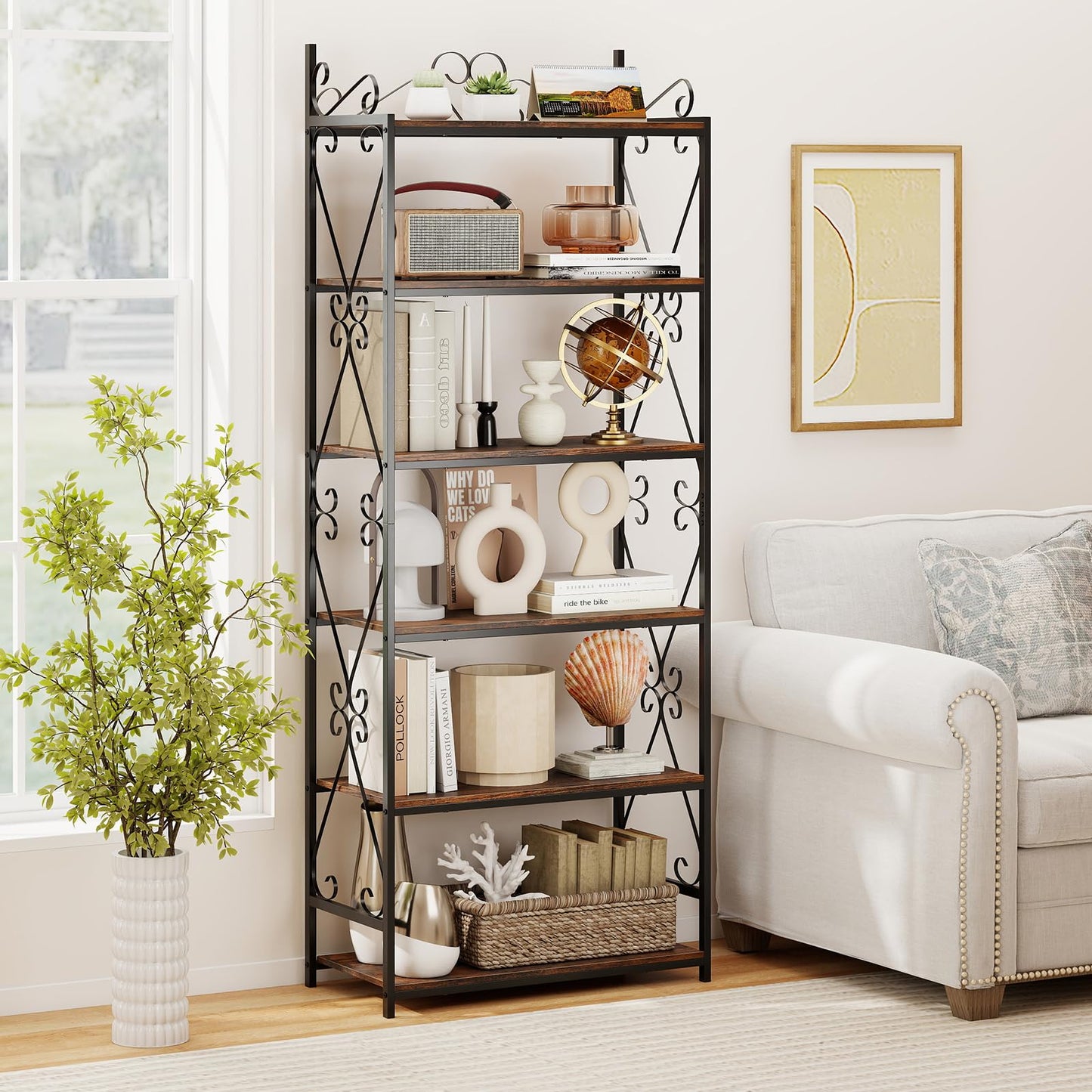 GOFLAME 6-Tier Tall Bookshelf, 71.5” Classic Bookcase with Open Shelves, Metal Frame, Plant Stand, Industrial Display Rack Shelving Unit for Home Office, Living Room, Rustic Brown & Black (2)