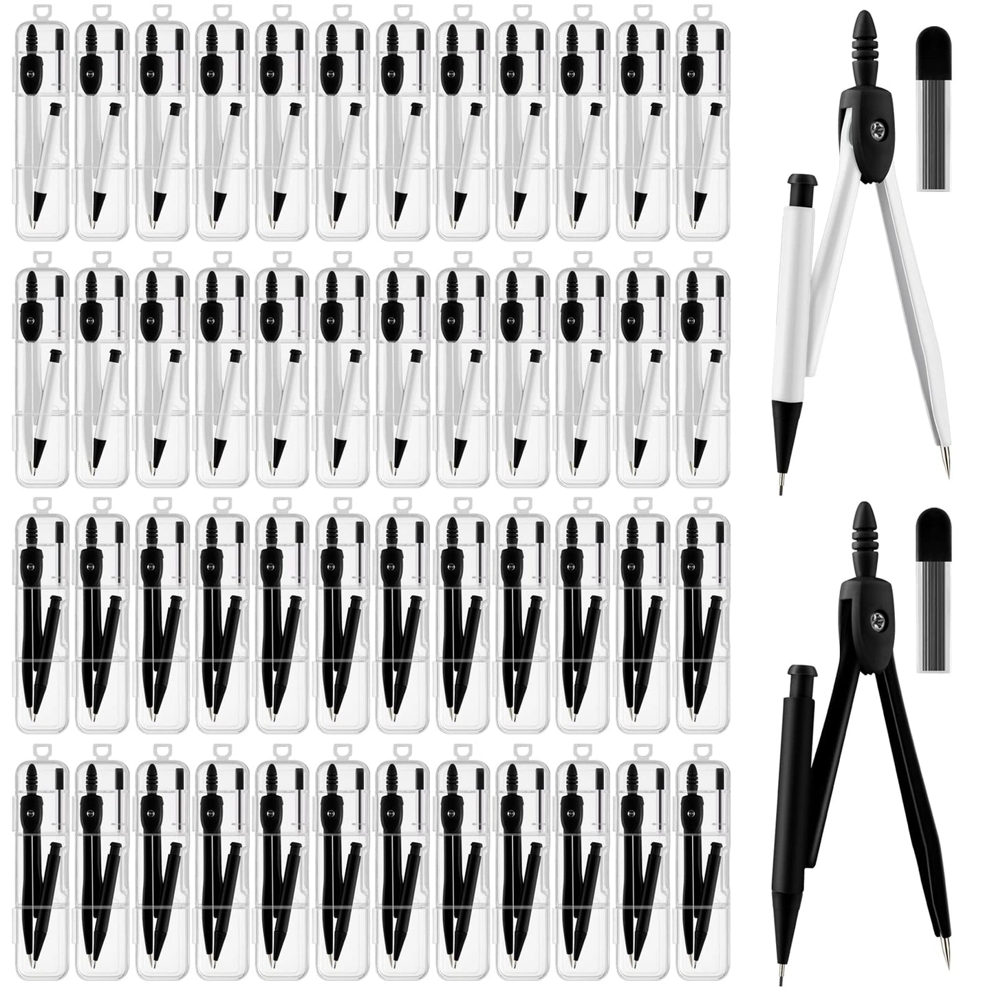 50 Packs Basic Geometry Compass In Bulk,Mechanical Pencil Desiged with Etra Lead,Student Drawing Tools Compass Math Compass Set (black and white)
