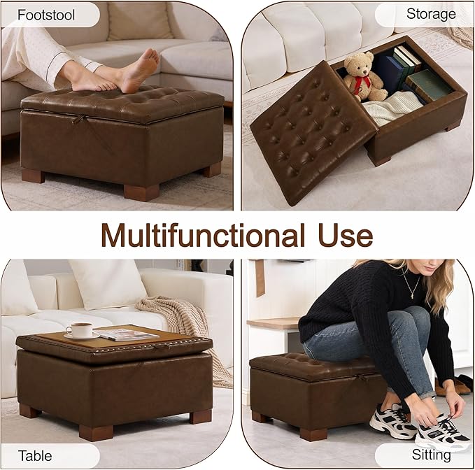 WUTUTUEE 30" Faux Leather Square Storage Ottoman