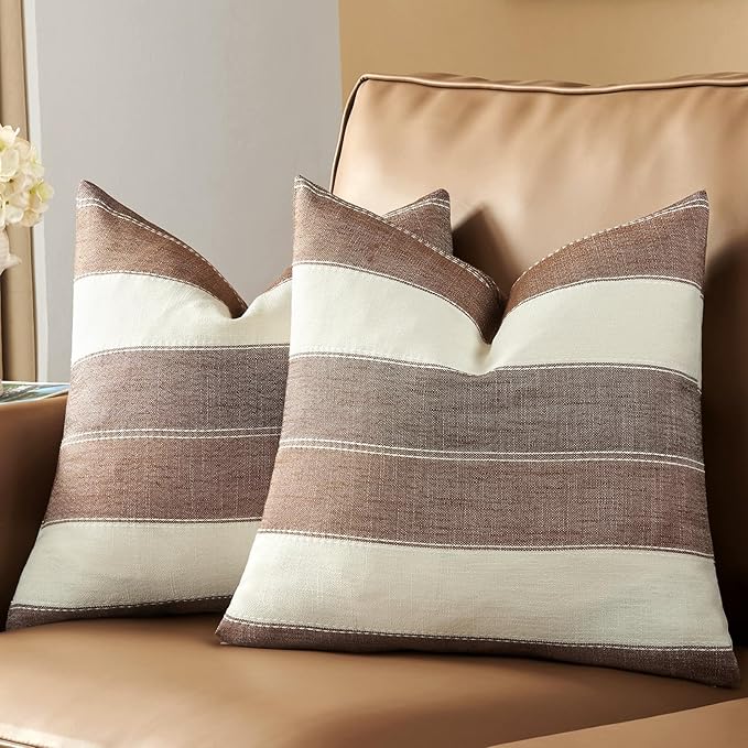AmHoo Pack of 2 Farmhouse Stripe Check Throw Pillow Covers Set Case Cotton