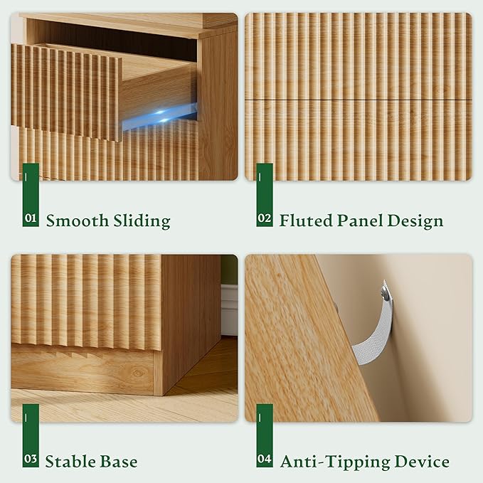 Xixini Nightstand with Charging Station and LED Lights, Fluted Night Stand with