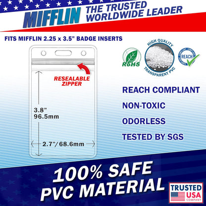 Mifflin-USA Vertical Plastic Card Holder with Metal Clip and Vinyl Straps (Clear, 2.25x3.5 Inch, 50 Pack), Waterproof PVC ID Name Badge Holder with Clip