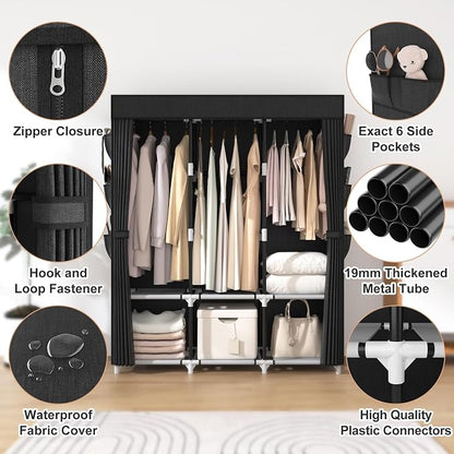 VTRIN Portable Closet for Hanging Clothes 52 Inch Wide Portable Wardrobe Closet with Cover, 6 Storage Shelves and 3 Hanging Rod, Diameter 19mm Metal Pipe, Sturdy Closet for Bedroom, Black