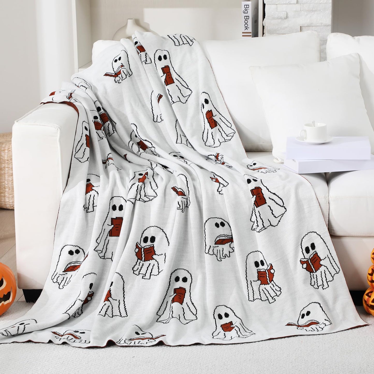 SmoothNovelty Easter Day Halloween Ghost Reading Book Blanket 50 x 60 Inches Soft Knit Throw with Ghosts Reading Book Pattern Halloween Easter Decoration Gift for Living Room Couch Sofa Bed