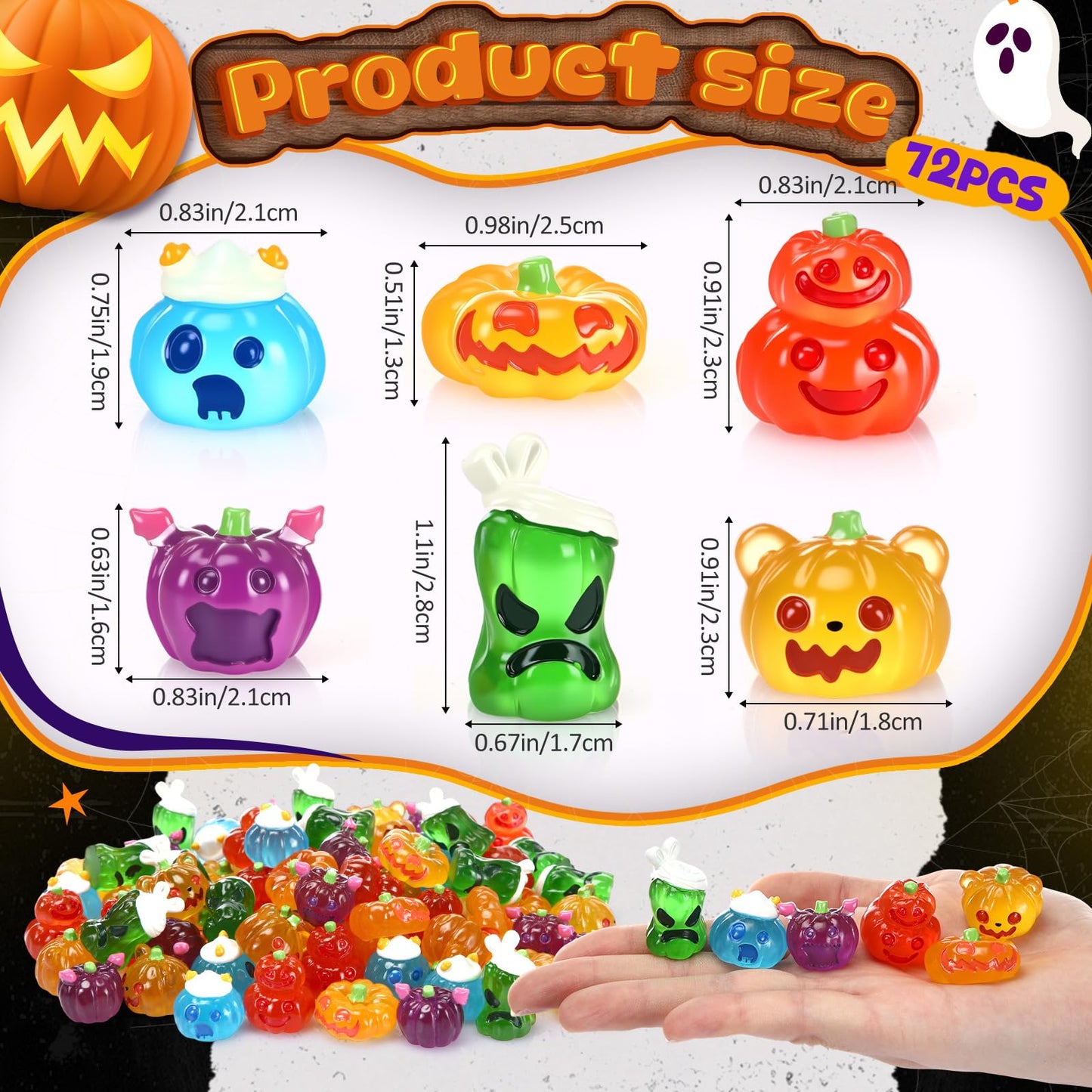 Seenelling 72 Pcs Halloween Mini Pumpkins Ghost Figures Luminous Small Resin Pumpkin Cute Miniature Ghost Ornament Glow in Dark for Halloween Garden Decoration Crafts