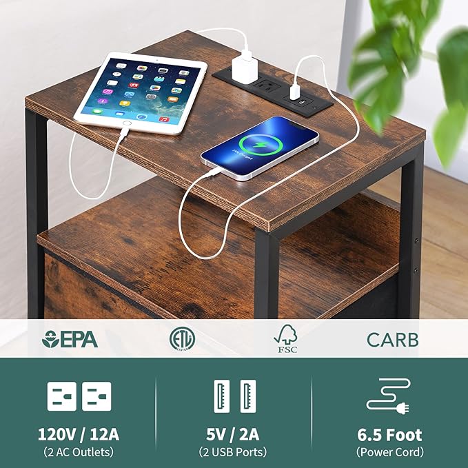 Yoobure Nightstand with Charging Station, LED Night Stand with Fabric Drawers