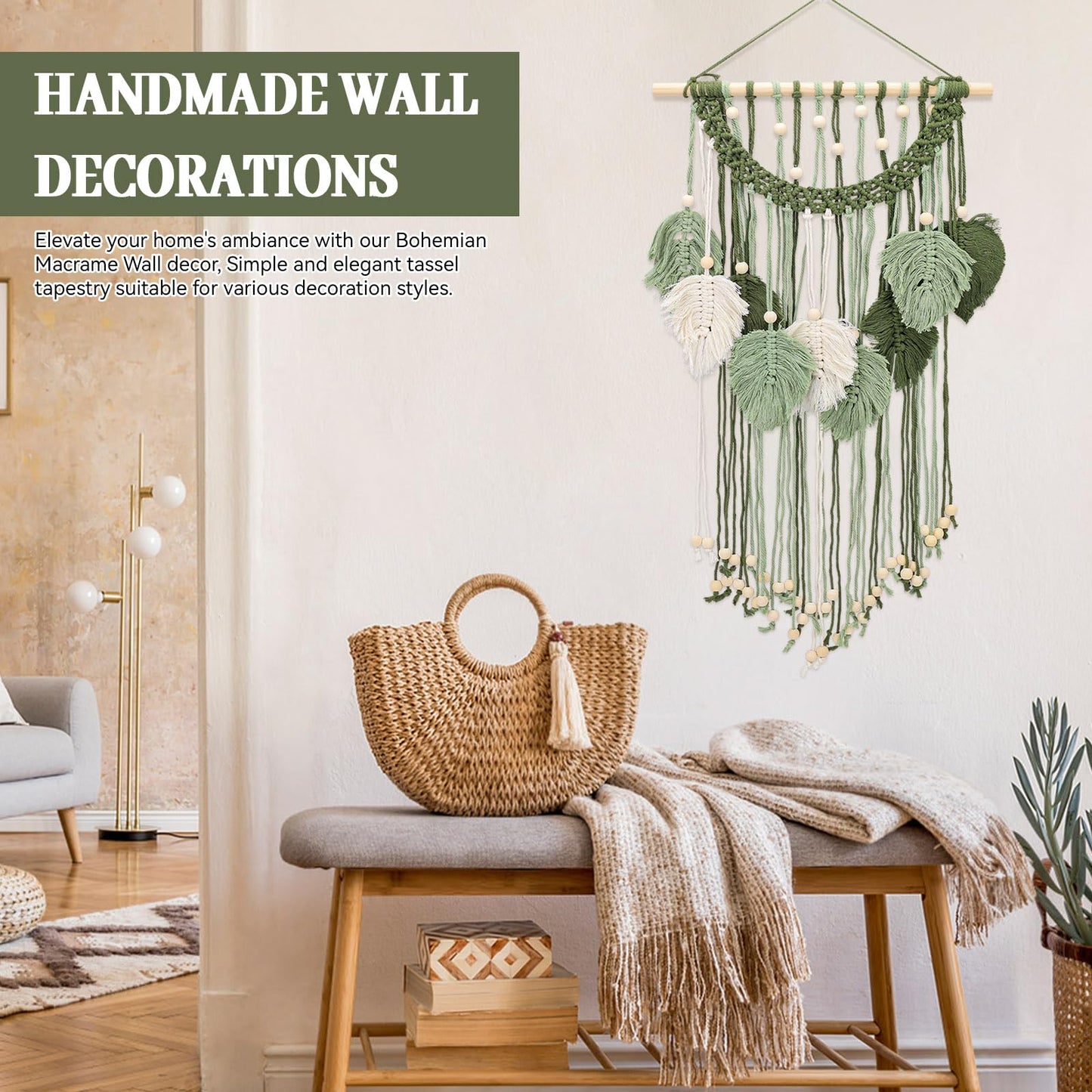 Chihutown Macrame Wall Hanging, Cotton Macrame Wall Decor, Boho Tapestry for Farmhouse, Coffee Shop and Office, Handmade Sage Green Leaf Hanging Tapestry, Living room Decor and Accessories (Green)