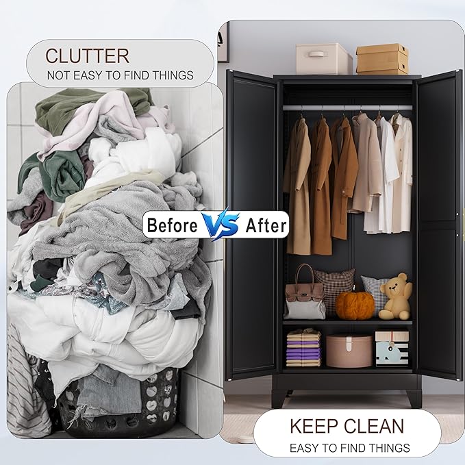 71" Metal Armoire Wardrobe Closet, Steel Clothing Storage Cabinet