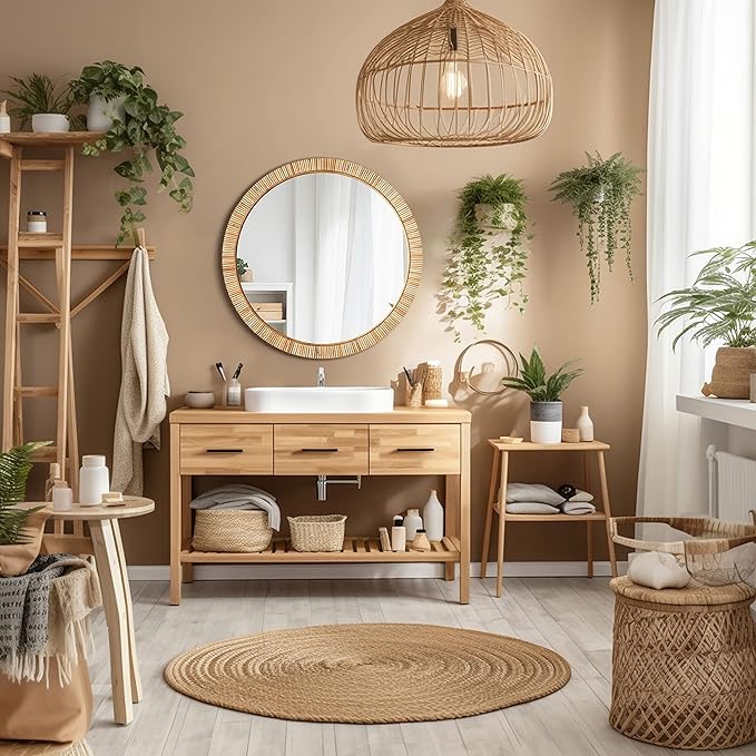 Barnyard Designs Round Rattan Wall Mirror, Natural Tan Woven Rattan Frame