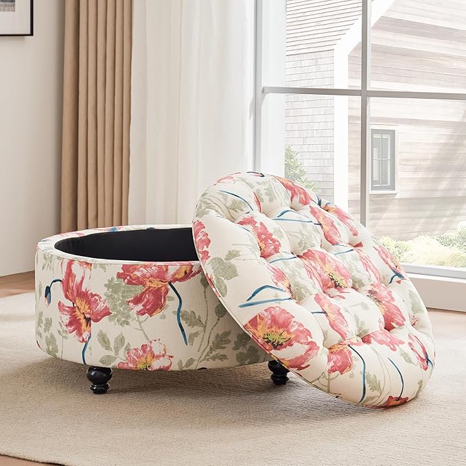 HUIMO 30-Inch Round Storage Ottoman, Modern Button Tufted Ottoman Coffee Table