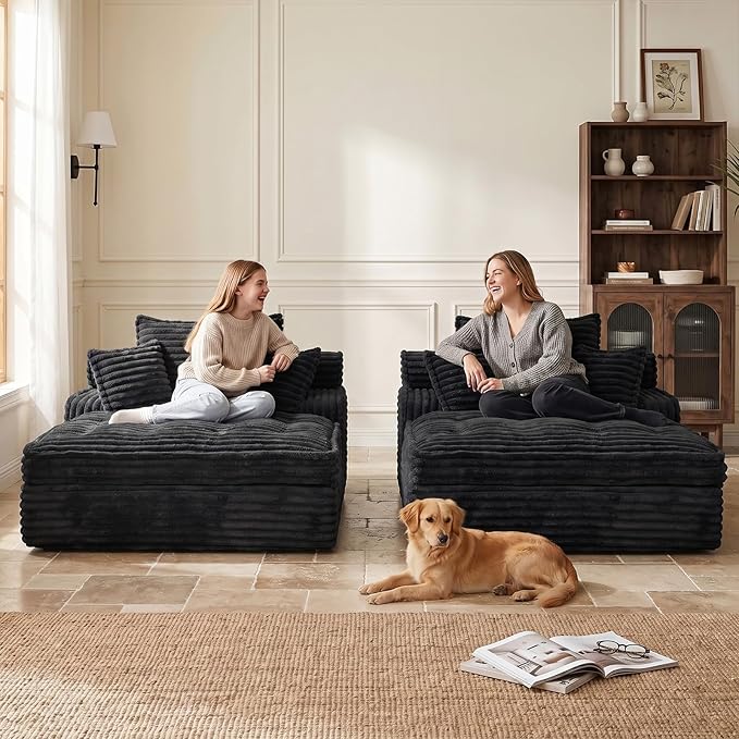 Boneless Chaise Lounge Couch Indoor, Oversized Corduroy Upholstered Sofa Bed