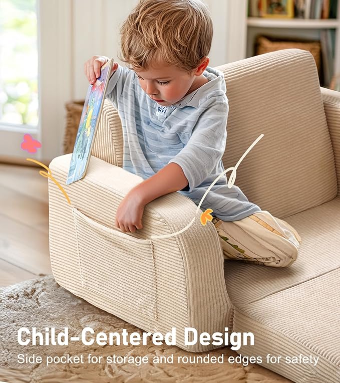 3-in-1 Extra Wide Convertible Kids Couch, Flip Open Toddler Couch to Lounger