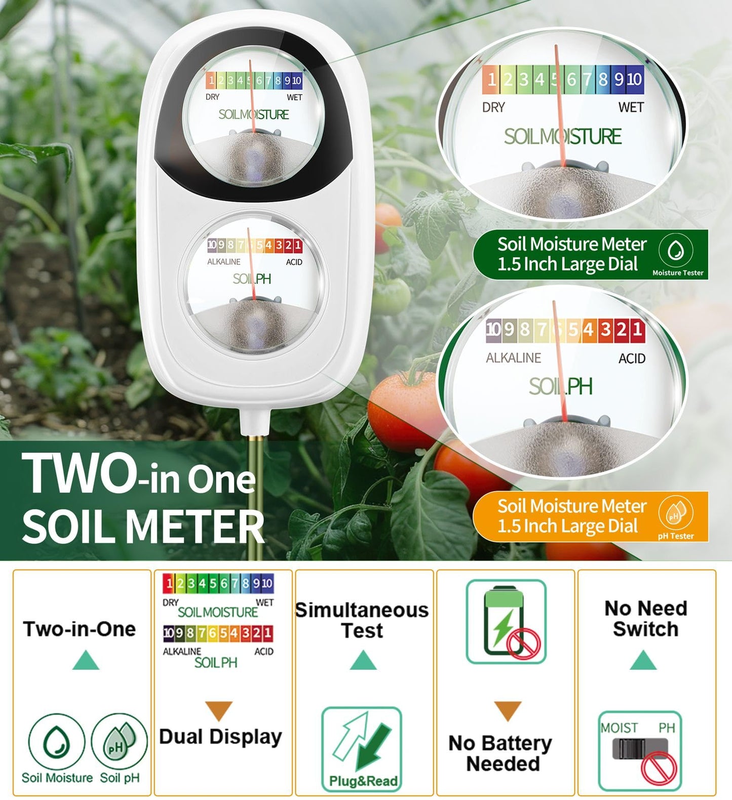 Aenncci Soil Test Kit, 2-in-1 Soil Moisture Meter, Soil pH Tester, Large Dual Dial Soil Meter for Plants, Garden Soil, Lawn, Farm, Outdoor & Indoor Use-White