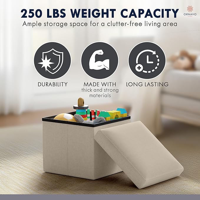 Ornavo Home Small Storage Ottoman Foldable Collapsible Cube Square Linen