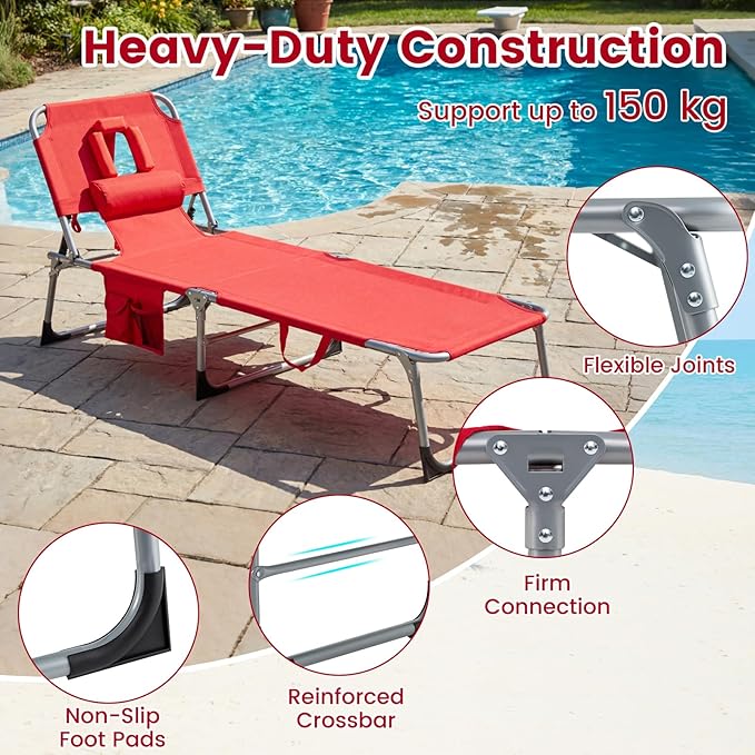 Goplus Tanning Chair, Folding Adjustable Patio Lounger w/Face Arm Holes