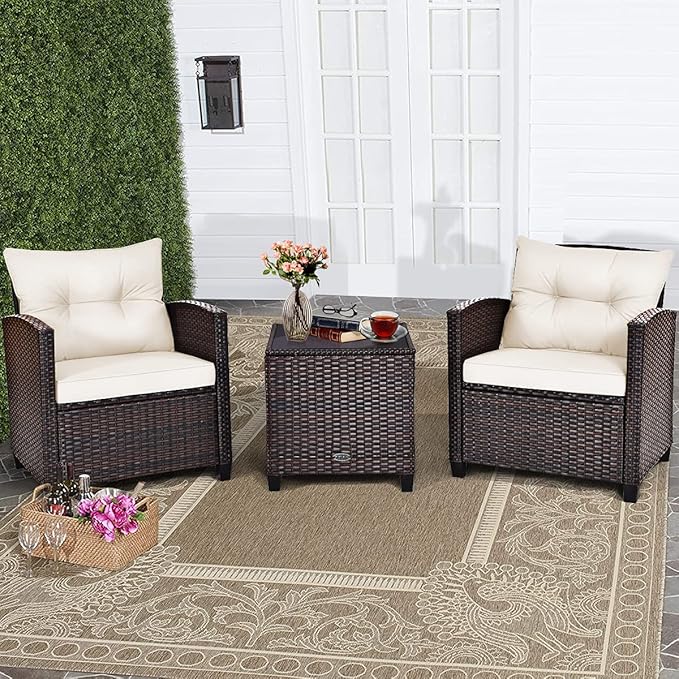HAPPYGRILL 3 Pieces Patio Conversation Set, Outdoor Furniture Set PE Rattan