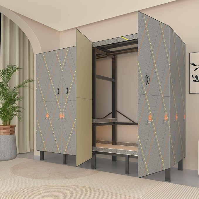 Foldable Portable Wardrobe Closet with Magnetic Doors & Cover, Heavy Duty Covered Clothes Rack with Hanging Clothing Rod, Metal Frame Standing Alone Closet for Bedroom (Door Design D, 49.2IN/125CM)