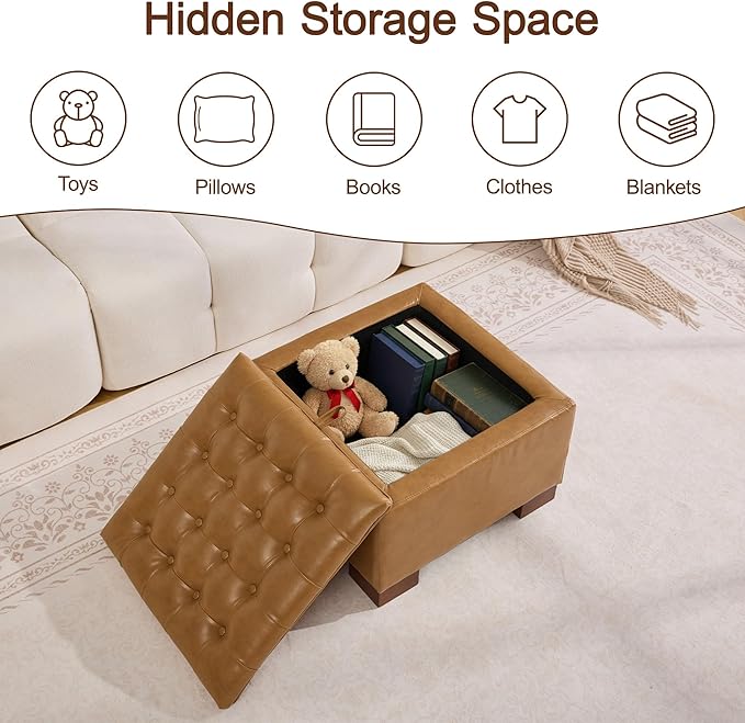 WUTUTUEE 24" Faux Leather Square Storage Ottoman