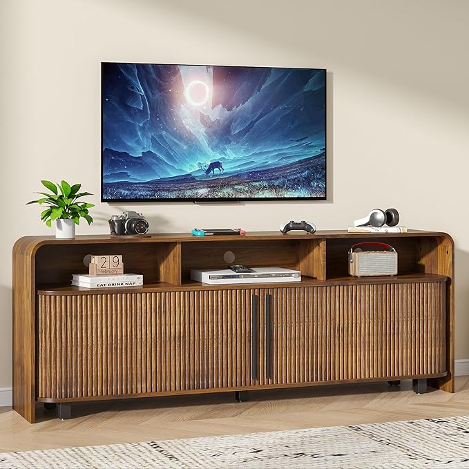Fluted TV Stand for 75 65 80 Inch TV, 70 Inch Long Walnut Entertainment Center