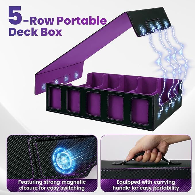 Trading Card Storage Box with Handle,5-Row Portable Leather Game Case for 4000+ Cards,Purple Card Collection Box with Commander Display Window for MTG,Yugioh, and Sports Cards,Gifts for Card Collector