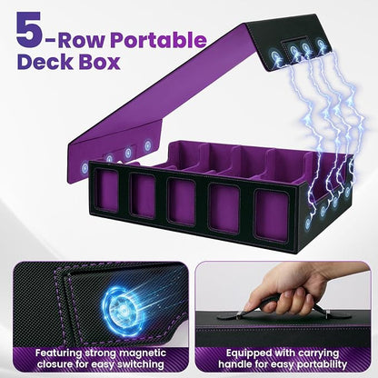 Trading Card Storage Box with Handle,5-Row Portable Leather Game Case for 4000+ Cards,Purple Card Collection Box with Commander Display Window for MTG,Yugioh, and Sports Cards,Gifts for Card Collector