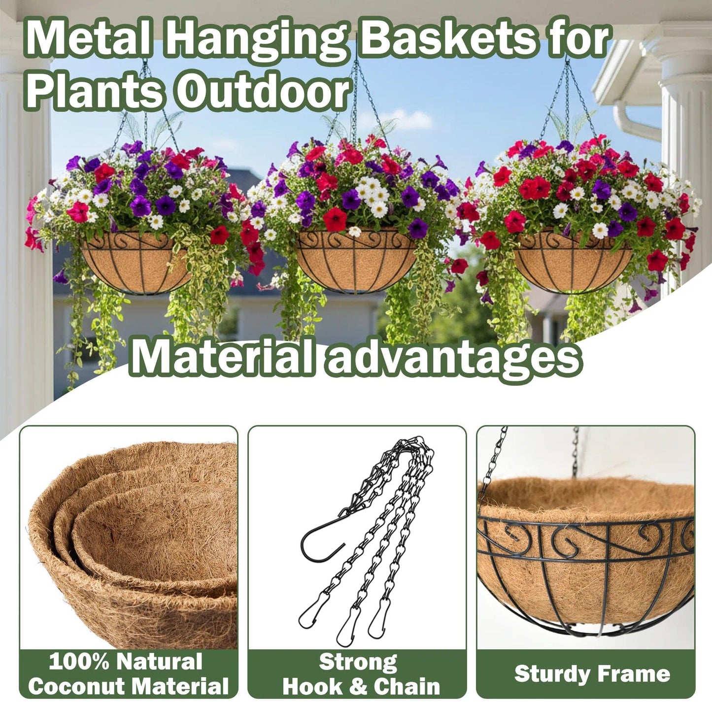 KIDYBELL 4 Pack 10 Inch Hanging Baskets for Plants Outdoor Metal Hanging Planter Basket with Coco Coir Liner Hanging Flower Baskets Hangings Flower Pots Holder for Garden, Patio(Flower)