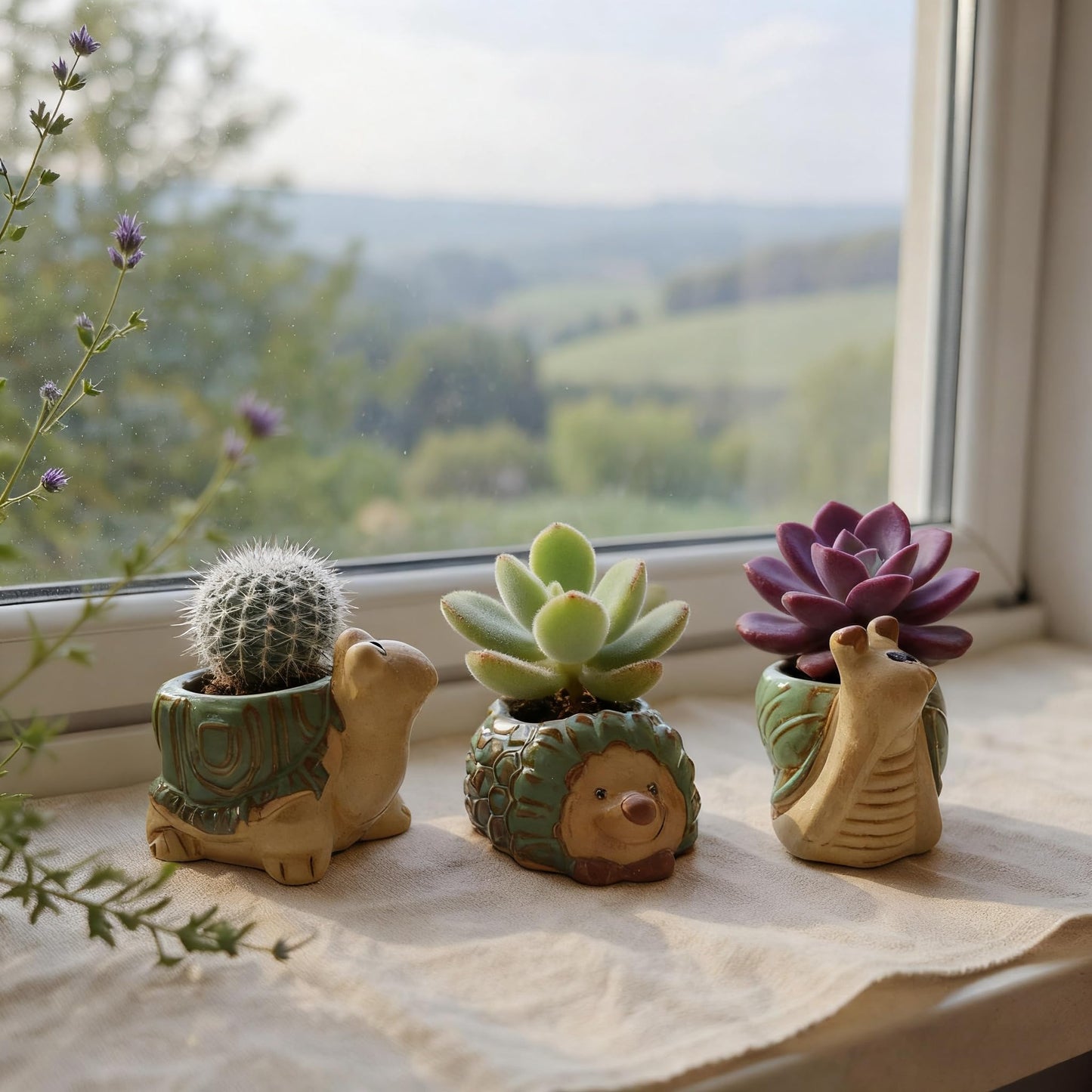 FMTITF Artistic Ceramic Animal Planter Pots & Figurines Set with Drainage Holes - Mini Succulent Planters, Lifelike Decorative Statues for Fairy Gardens & Home Decor Gifts (Hedgehog, Turtle, Snail)
