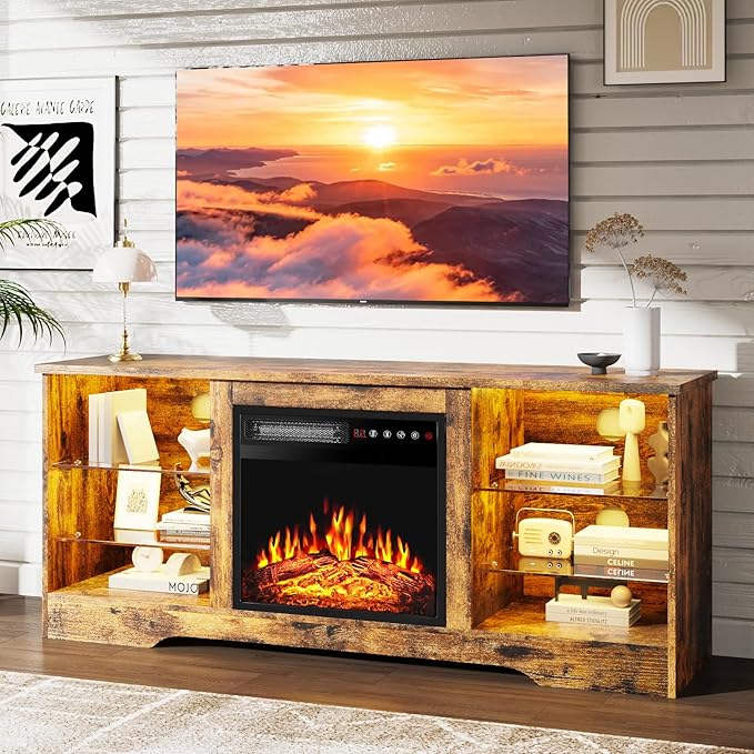 PRETZI Fireplace TV Stand with 18" Fireplace Up to 65" TVs, TV Media Console