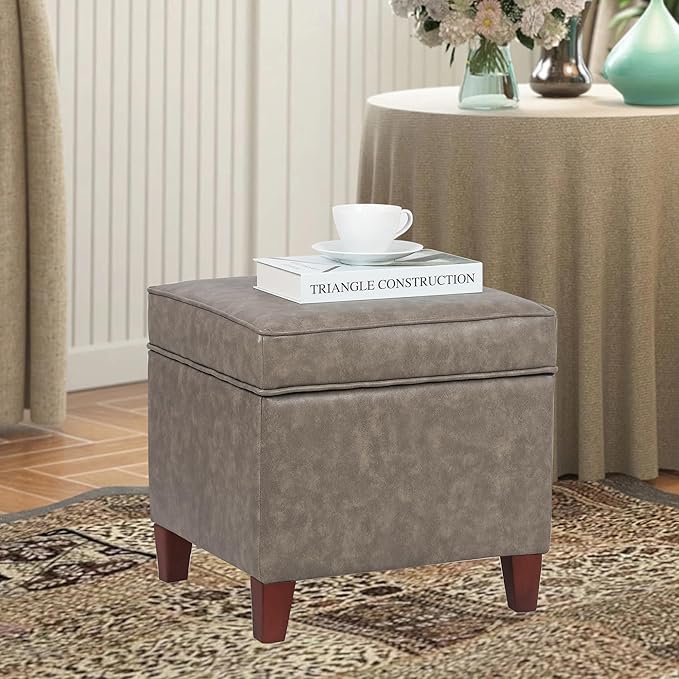 Adeco 17.5" Square Storage Ottoman, Faux Leather Flip Top Footstool & Coffee