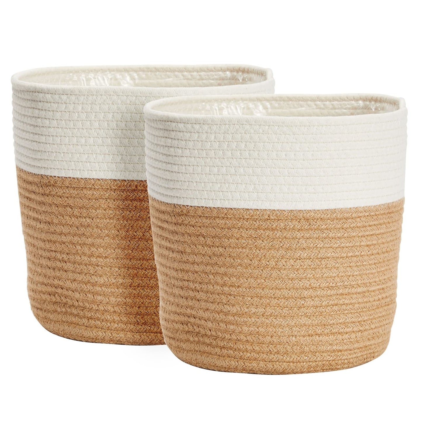 Juvale Plant Basket - 2-Pack, 11 in Brown Jute, Bohemian - Cotton Rope Planter with Liner & Woven Indoor Plant Basket with Plastic Liner