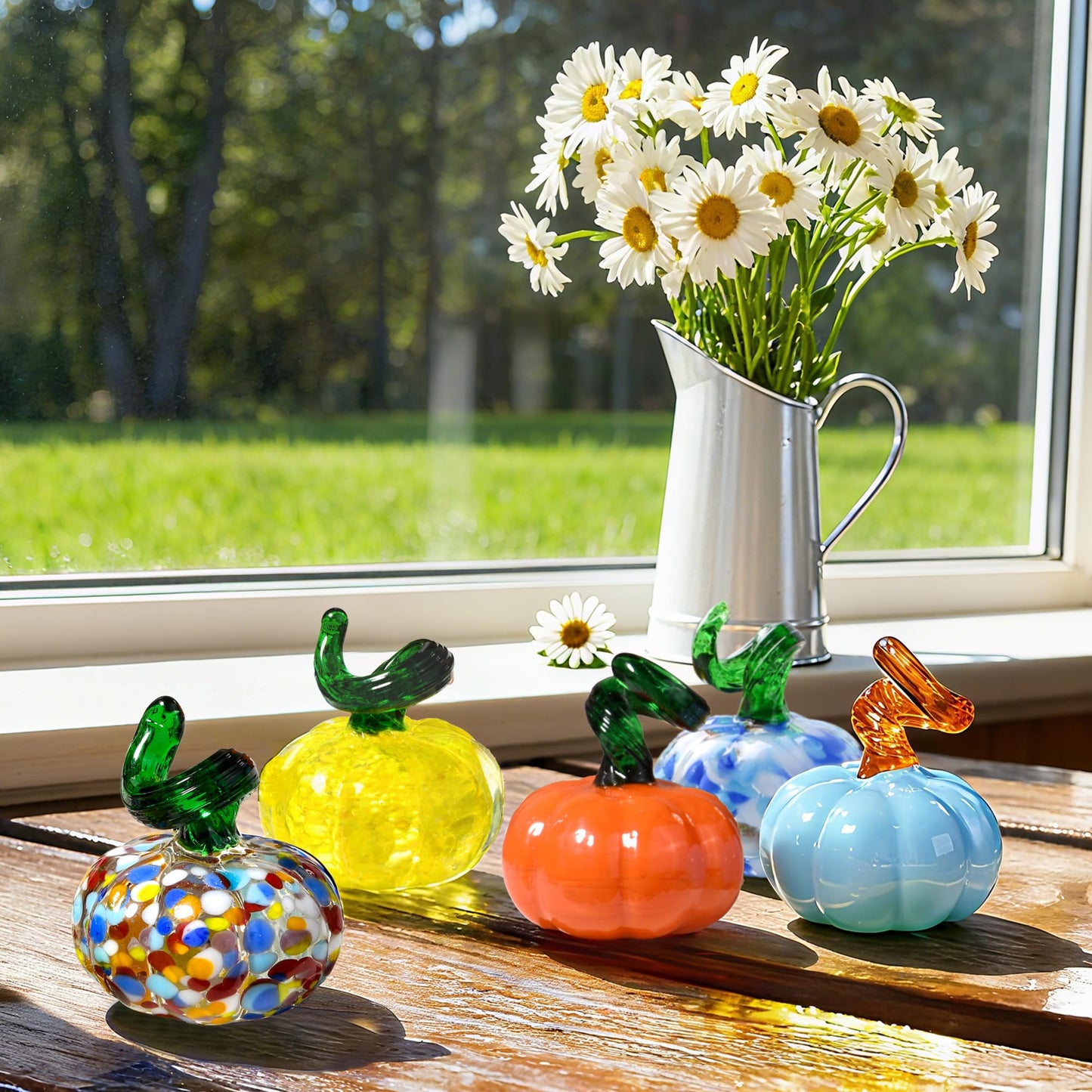 5pcs Blown Glass Pumpkin Figurines Collectibles, Small Crystal Glass Art Pumpkin Ornament for Halloween Thanksgiving Fall Home Decoration