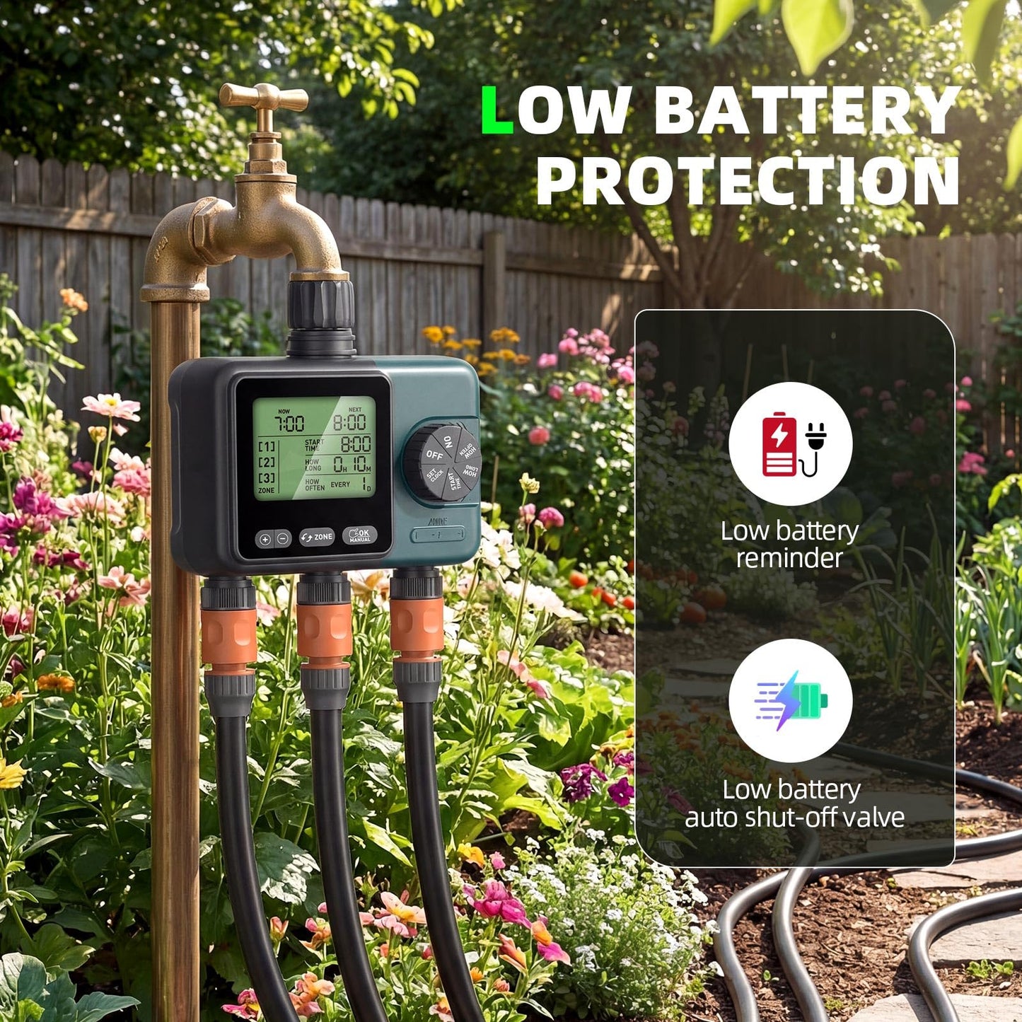 Sprinkler Timer 3 Zone, Programmable Water Timer for Garden Hose with Rain Delay, Manual and Automatic Irrigation Controller System, 3 Outlets Timed Irrigation Controller System for Lawn