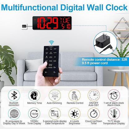 17.2" Large Digital Wall Clock Bluetooth Auto Sync Time Big Timer Red | Large Display Auto-Dimming/DST Led Wall Clock with Date Week For Living Room Classroom Garage Gym Gift for Senior Mom Dad
