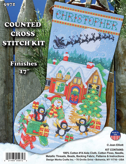 Tobin DW5972 14 Count Penguin Party Stocking Counted Cross Stitch Kit, 17-Inch Long,1-Pack